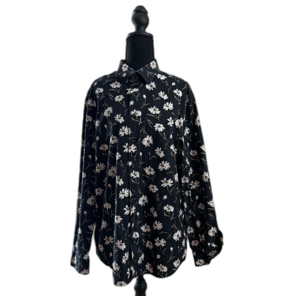 Men's Large Slim Black White Floral Express Button Down Dress Shirt